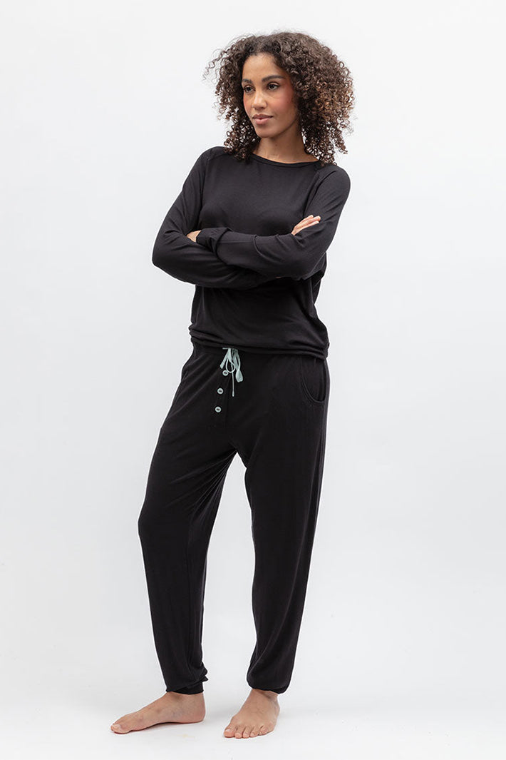 Cyberjammies 5581 Grace Black Jersey Pyjama Bottoms, full-length side view