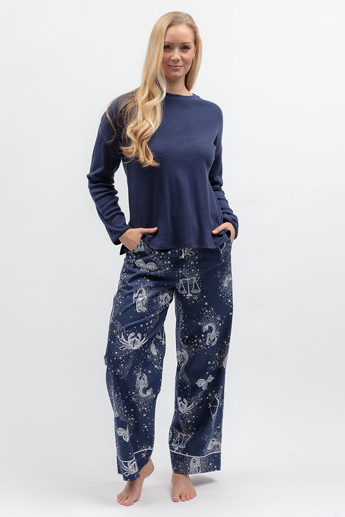 Cyberjammies 5620 Celestial Nights Navy Ribbed Slouch Jersey L/Sleeve Pyjama Top, styled with printed bottoms