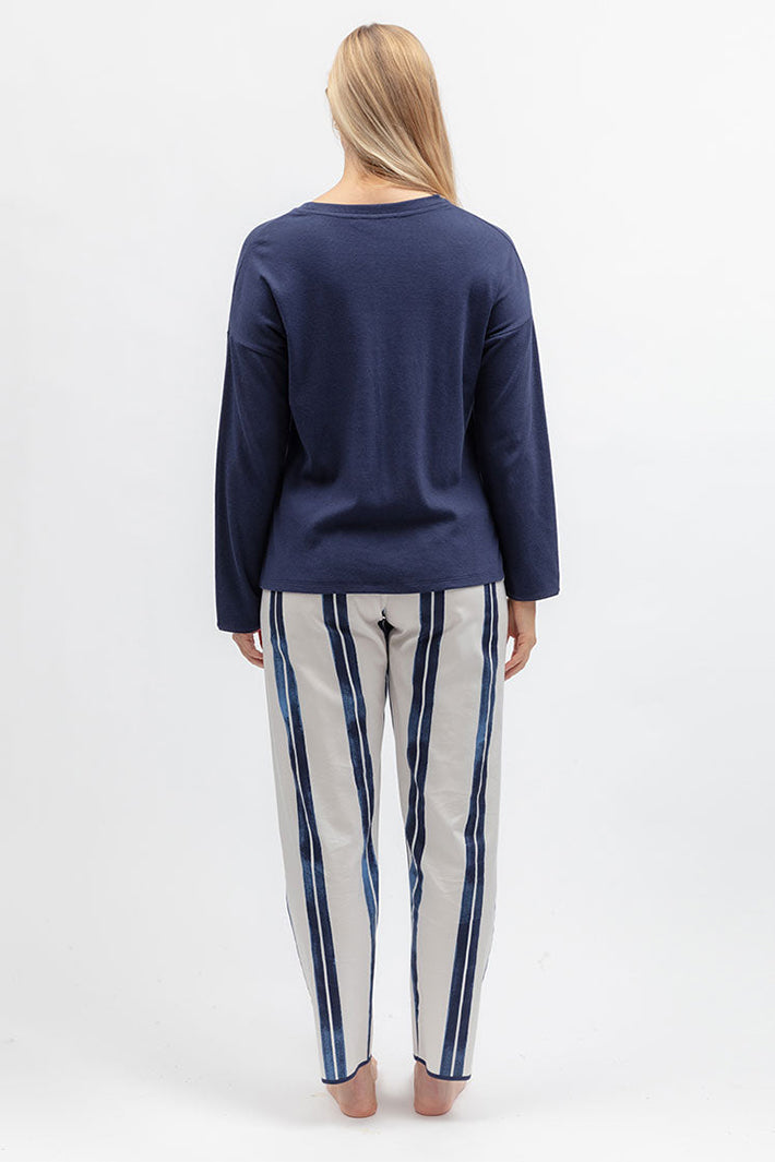 Cyberjammies 5620 Celestial Nights Navy Ribbed Slouch Jersey L/Sleeve Pyjama Top, back view with striped bottoms