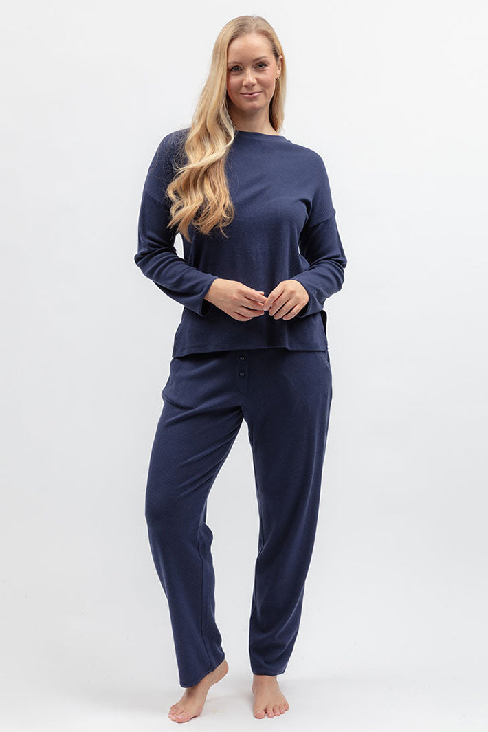 Cyberjammies 5621 Celestial Nights Navy Ribbed Jersey Pyjama Bottoms, full-length with the matching top