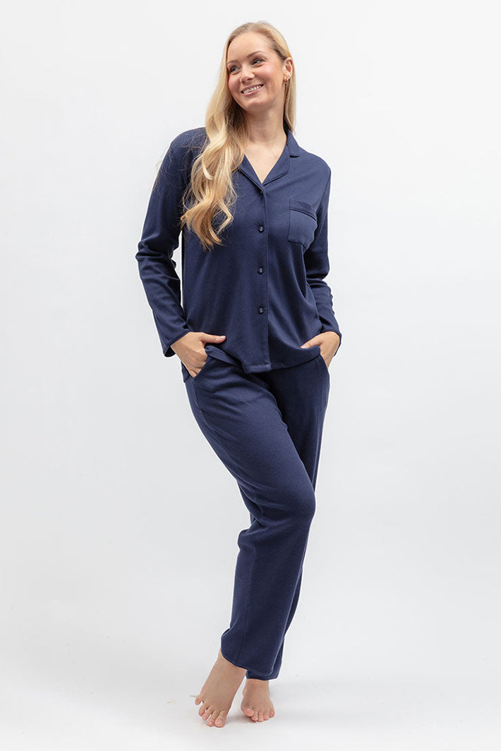 Cyberjammies 5621 Celestial Nights Navy Ribbed Jersey Pyjama Bottoms, full-length side view