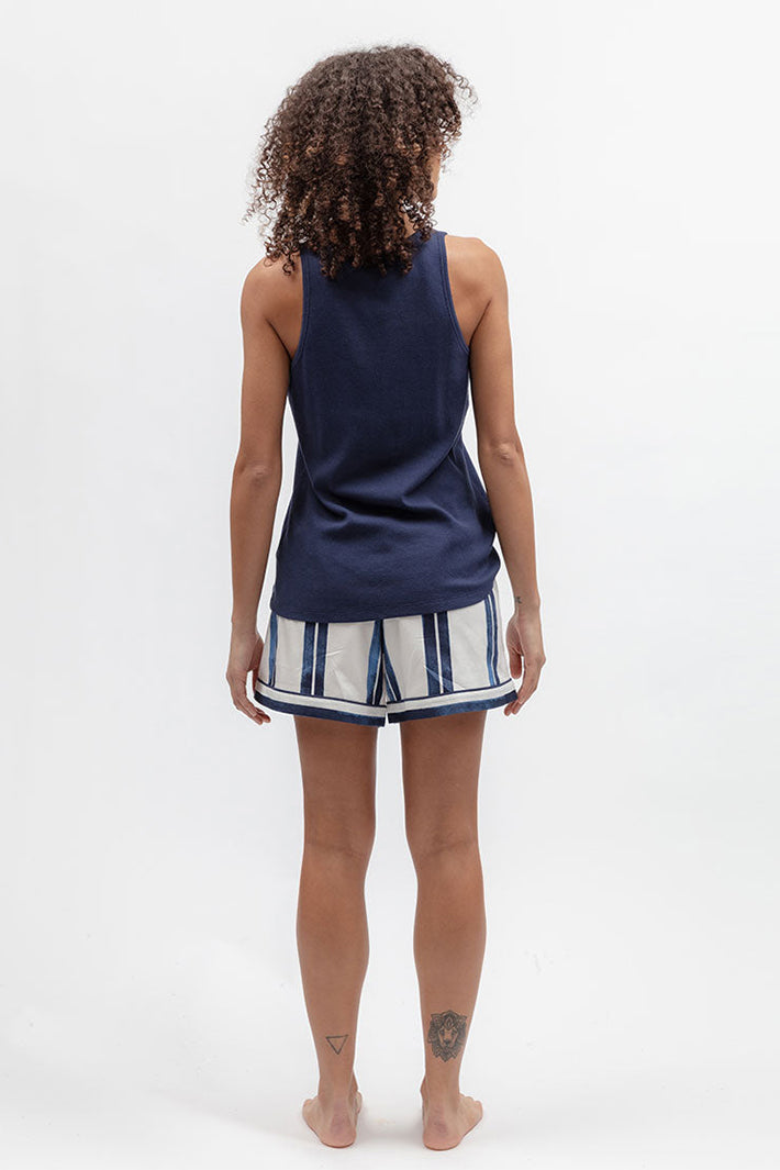 Cyberjammies 5622 Celestial Nights Navy Ribbed Jersey Vest, back view with striped shorts