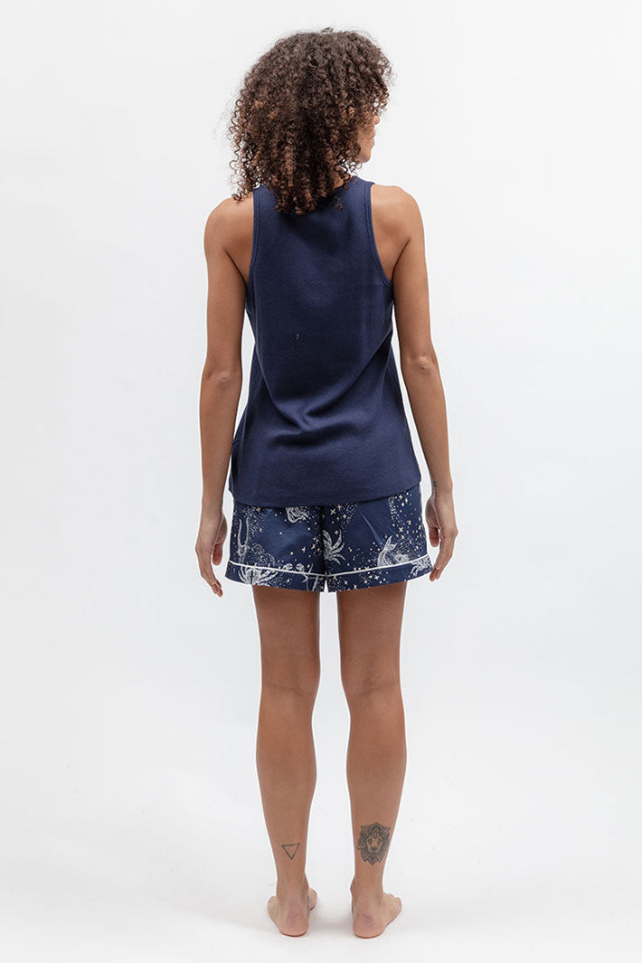 Cyberjammies 5622 Celestial Nights Navy Ribbed Jersey Vest, back view with printed shorts