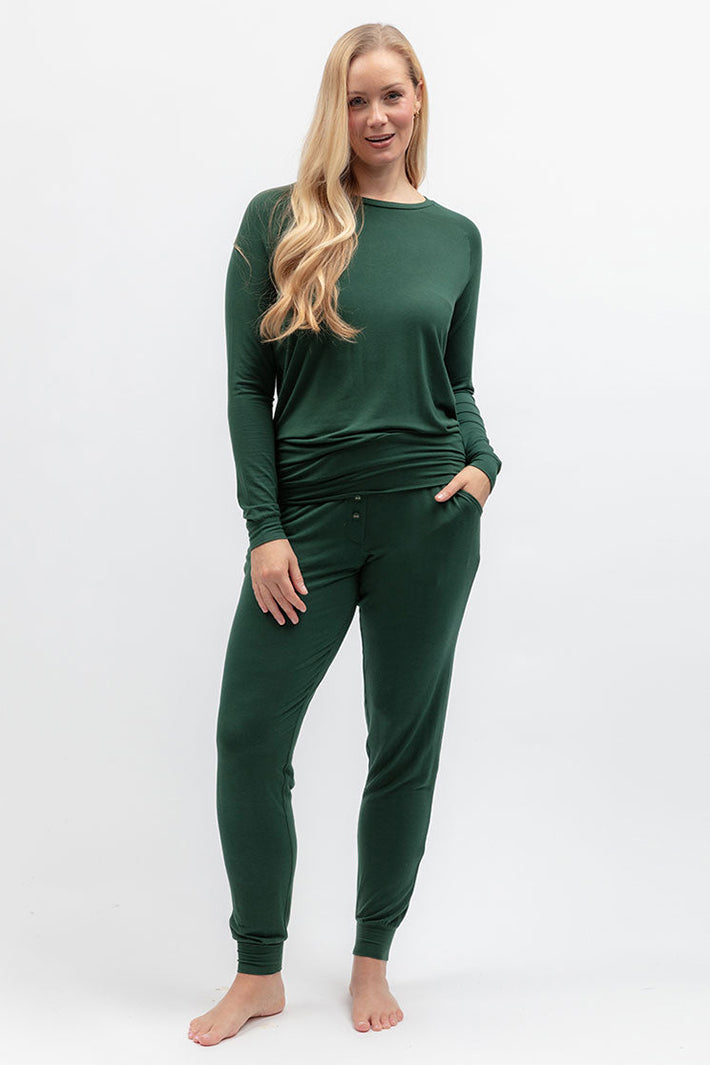 Cyberjammies 5657 Ember Dark Green Jersey Pyjama Bottoms, full-length with the matching top