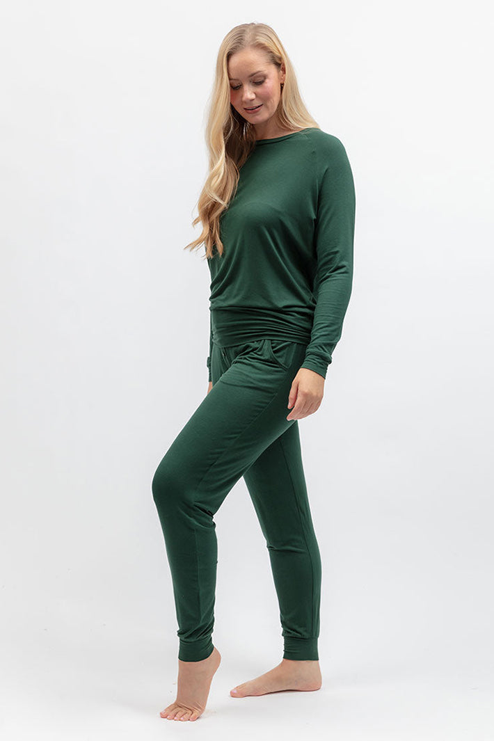 Cyberjammies 5657 Ember Dark Green Jersey Pyjama Bottoms, full-length side view