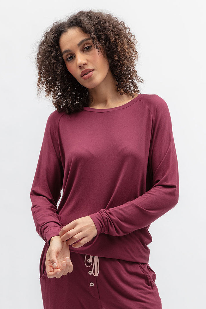 Cyberjammies 5688 Blush Botanica Berry Red Slouch Jersey Long Sleeve Pyjama Top, front view