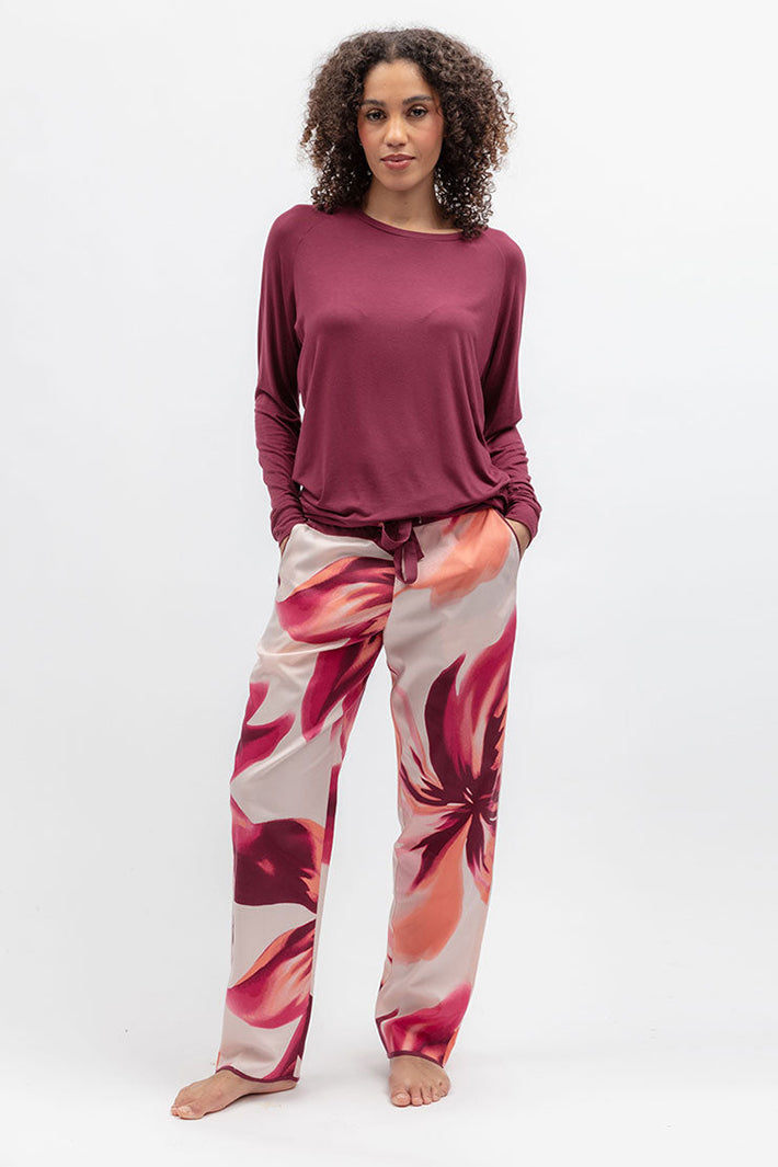Cyberjammies 5688 Blush Botanica Berry Red Slouch Jersey Long Sleeve Pyjama Top, styled with floral bottoms