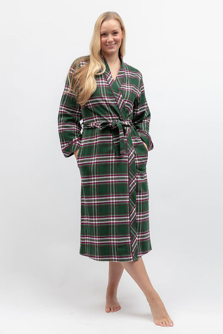 Cyberjammies Enchanted Nutcracker Green Brushed Check Long Sleeve Long Dressing Gown, front view