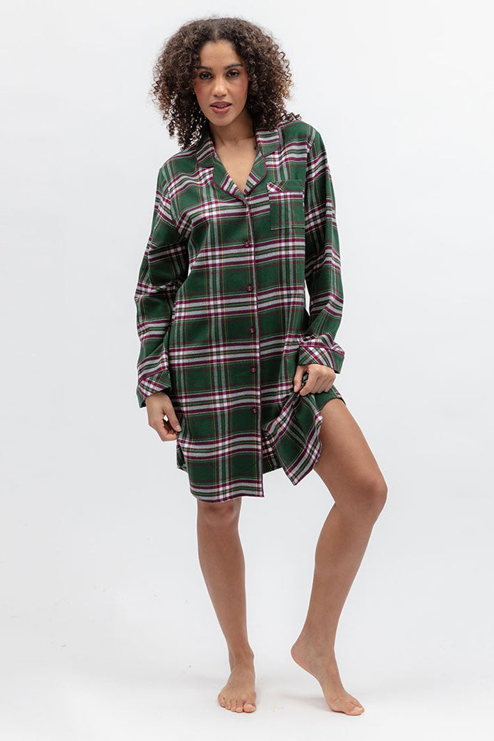 Cyberjammies Enchanted Nutcracker Green Brushed Check Long Sleeve Nightshirt, front view
