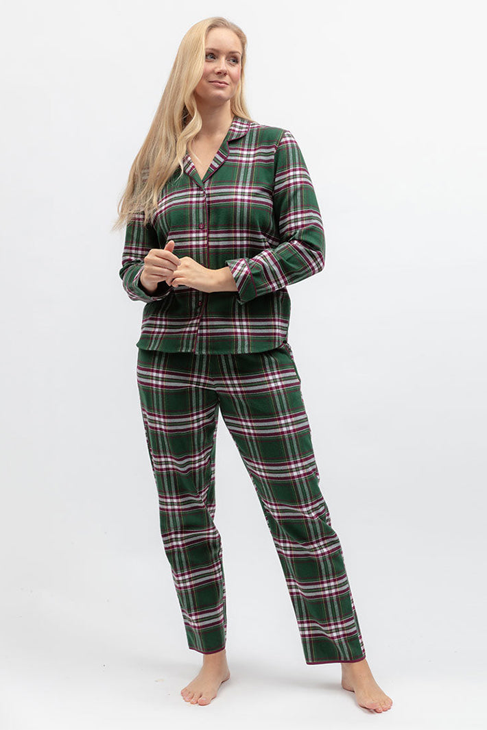 Cyberjammies Enchanted Nutcracker Green Brushed Check Long Sleeved Pyjama Top, full-length front view