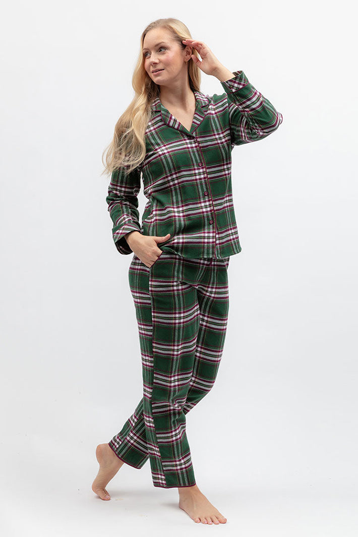 Cyberjammies Enchanted Nutcracker Green Brushed Check Long Sleeved Pyjama Top, full-length side view