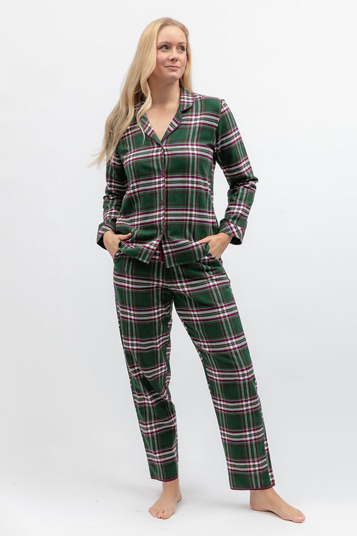 Cyberjammies Enchanted Nutcracker Green Brushed Check Pyjama Bottoms, full-length with the matching top
