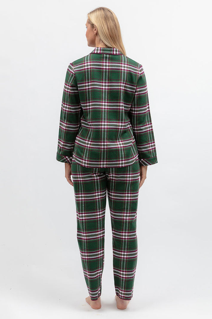 Cyberjammies Enchanted Nutcracker Green Brushed Check Pyjama Bottoms, full-length back view with the matching top