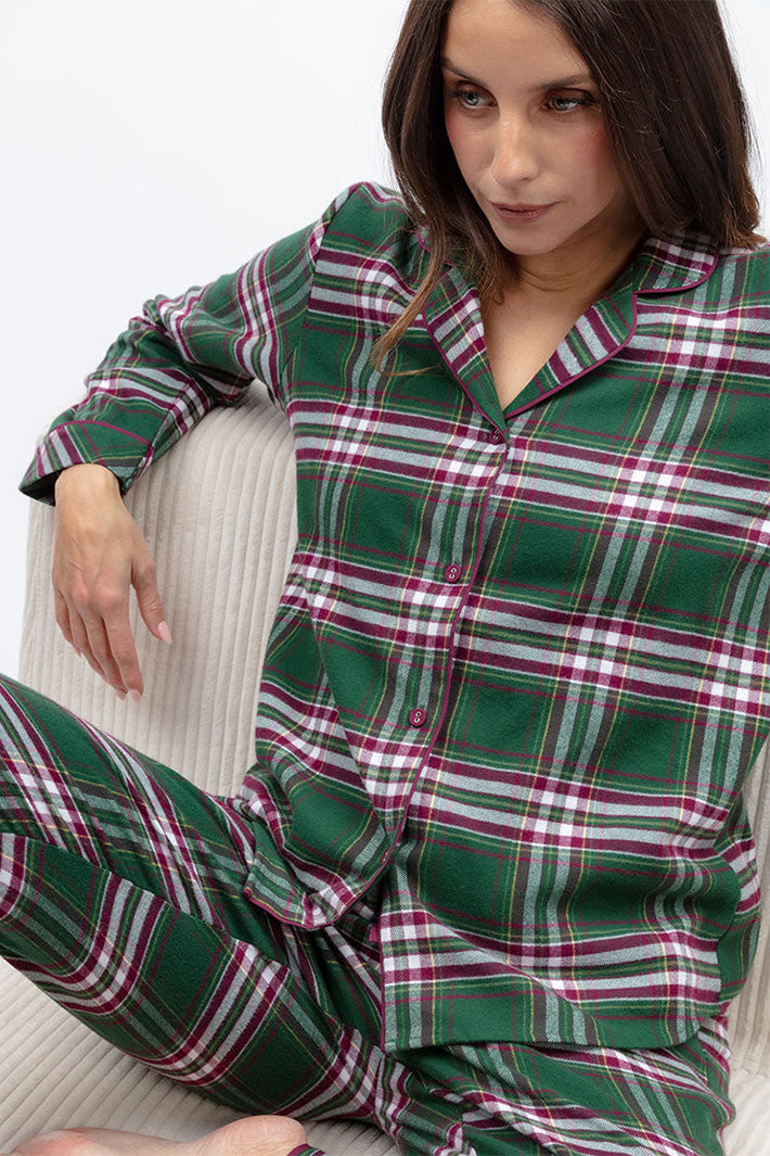 Cyberjammies Enchanted Nutcracker Green Brushed Check Pyjama Bottoms, close-up worn sitting
