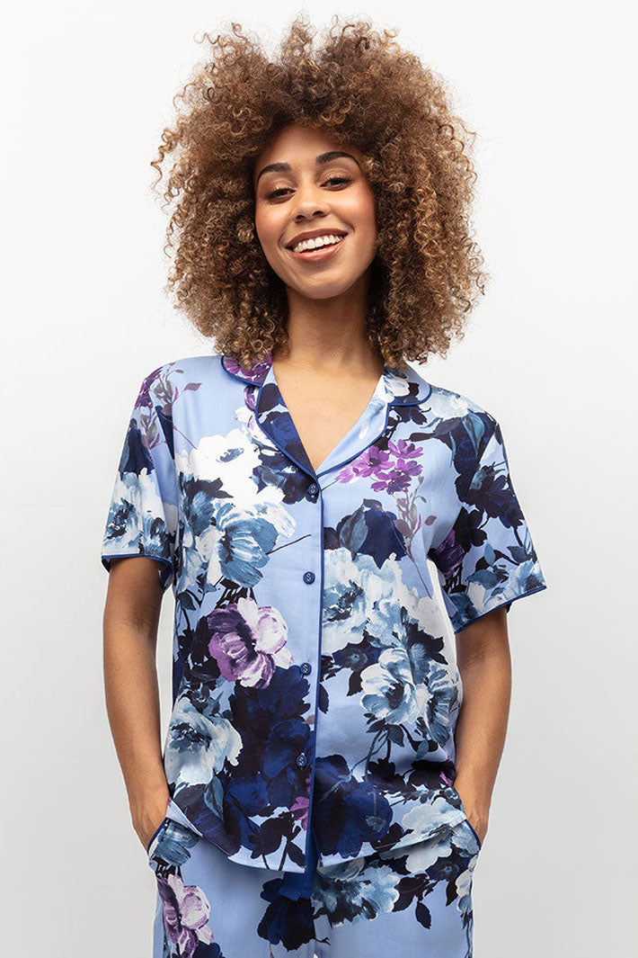Cyberjammies Madeline Light Blue Floral Print Short Sleeve Pyjama Top - Shirley Allum Boutique