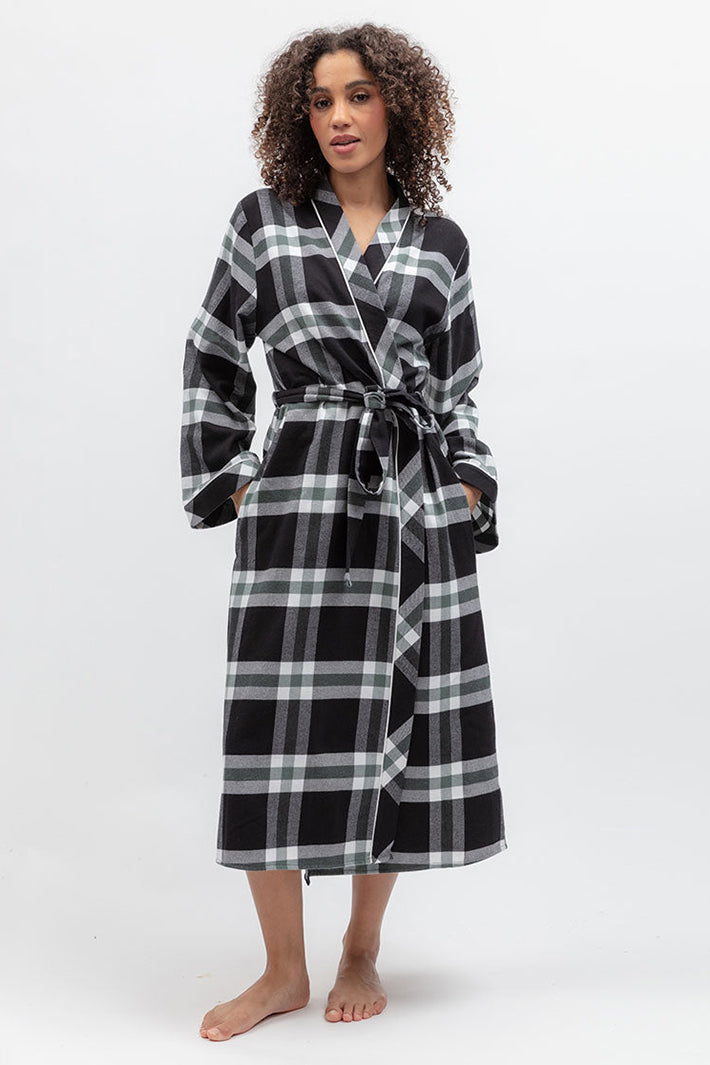 Cyberjammies Polar Drift Black Brushed Check Long Sleeve Long Dressing Gown, front view