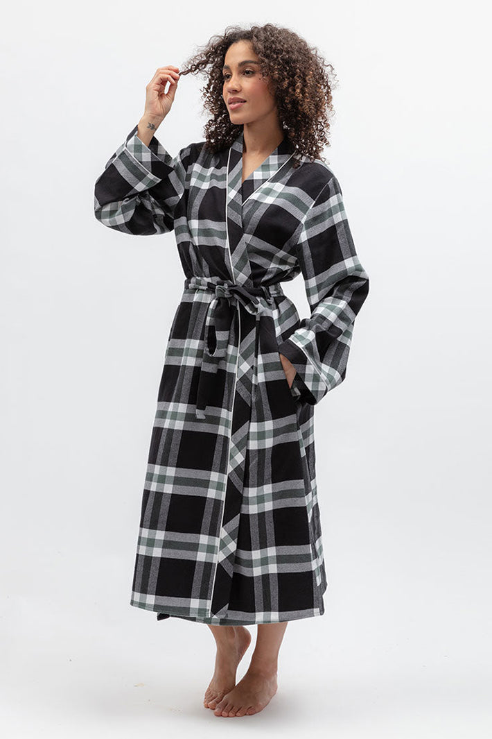 Cyberjammies Polar Drift Black Brushed Check Long Sleeve Long Dressing Gown, front view, tied at the waist