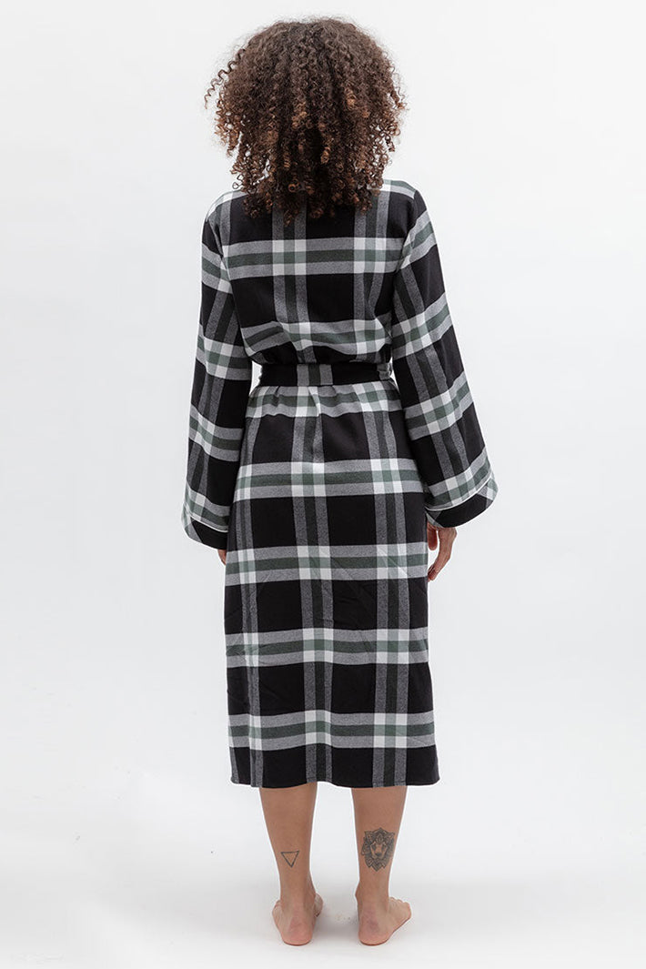 Cyberjammies Polar Drift Black Brushed Check Long Sleeve Long Dressing Gown, back view