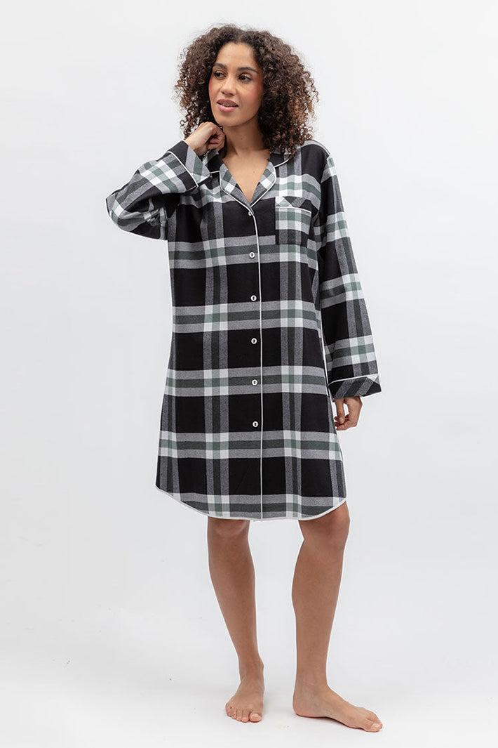 Cyberjammies Polar Drift Black Brushed Check Long Sleeve Night Shirt, front view