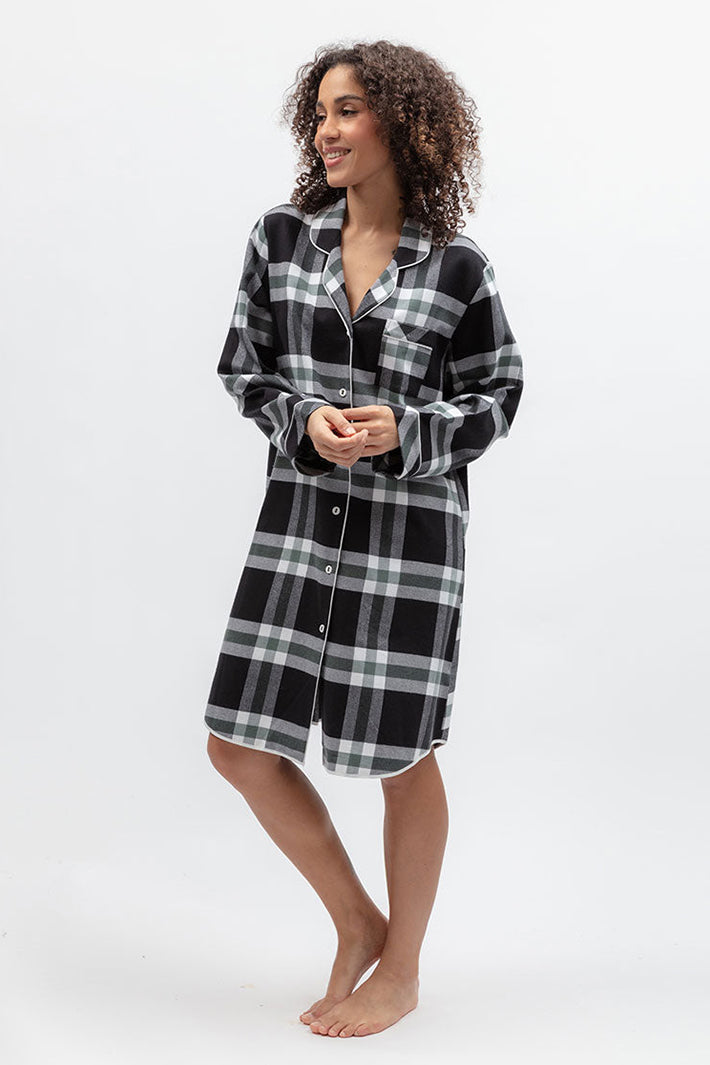 Cyberjammies Polar Drift Black Brushed Check Long Sleeve Night Shirt, side view