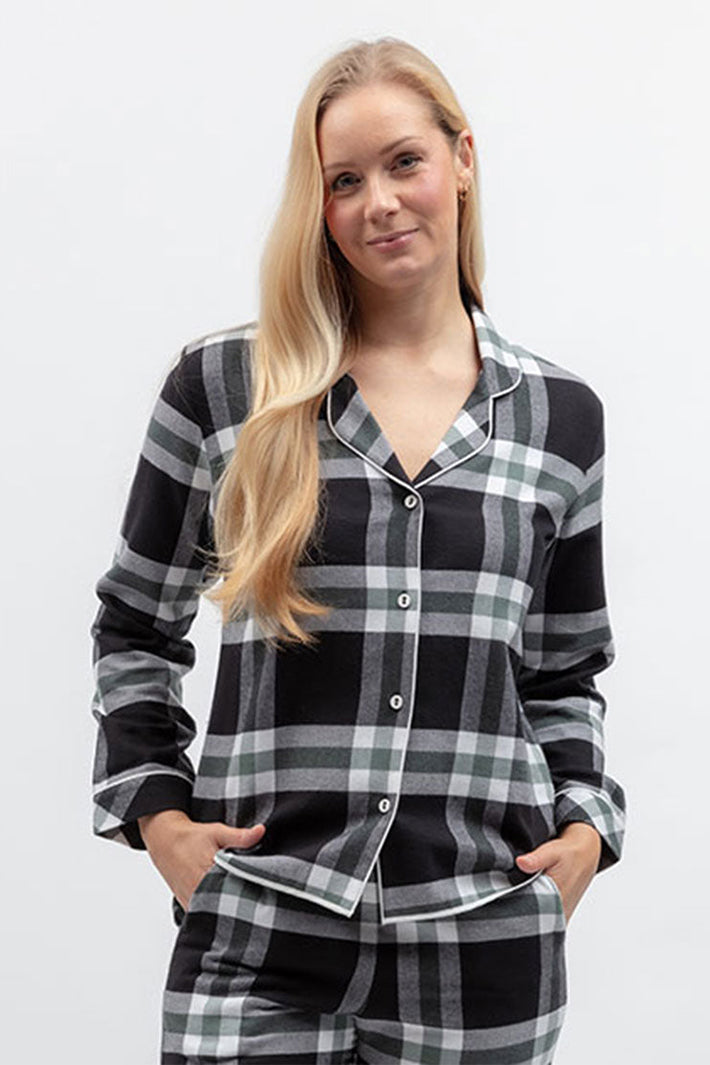 Cyberjammies Polar Drift Black Brushed Check Long Sleeve Pyjama Top, front view