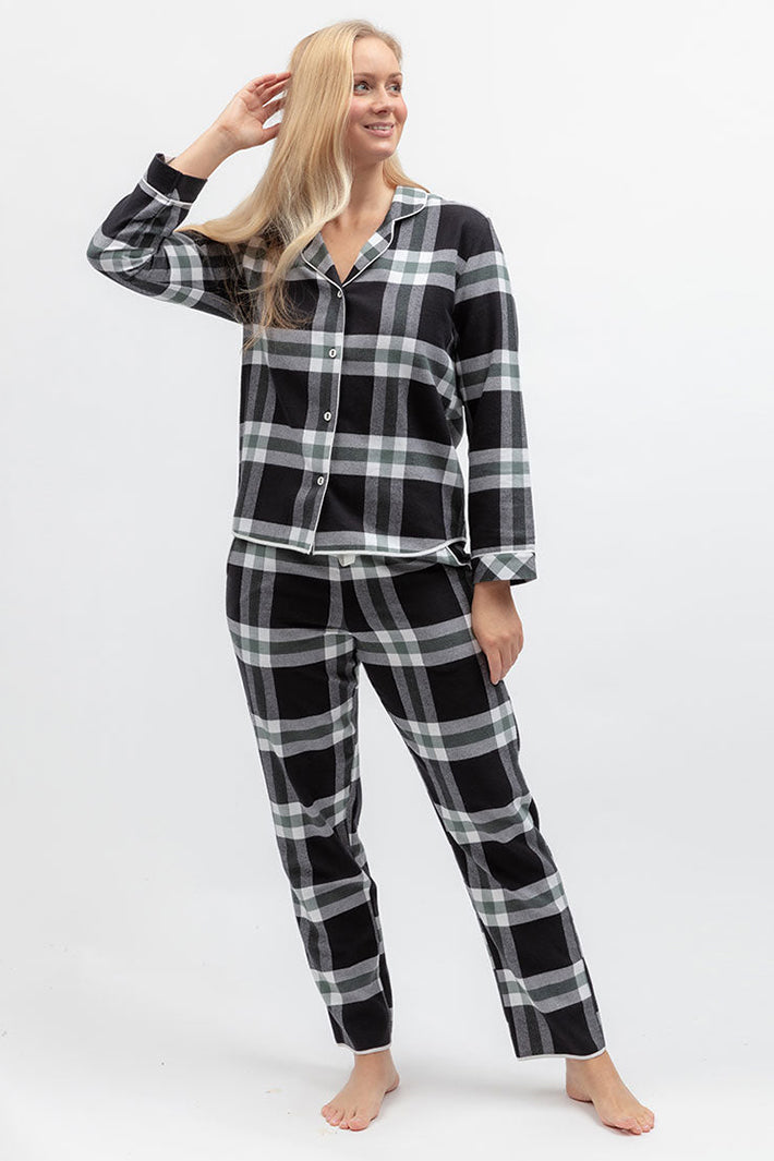 Cyberjammies Polar Drift Black Brushed Check Long Sleeve Pyjama Top, full-length front view