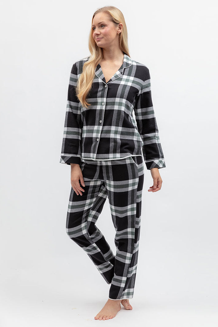Cyberjammies Polar Drift Black Brushed Check Long Sleeve Pyjama Top, full-length side view