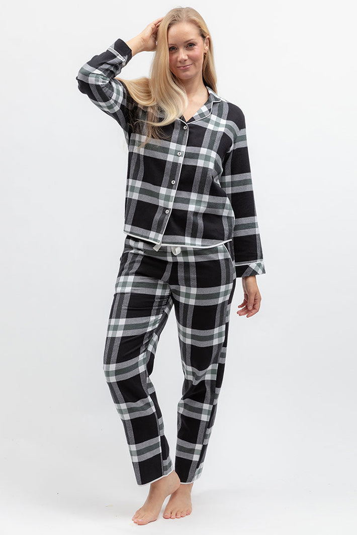 Cyberjammies Polar Drift Black Brushed Check Pyjama Bottoms, full-length with the matching top