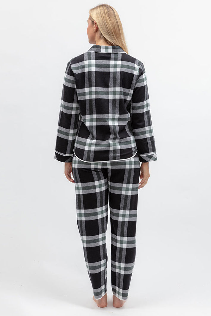 Cyberjammies Polar Drift Black Brushed Check Pyjama Bottoms, full-length back view with the matching top