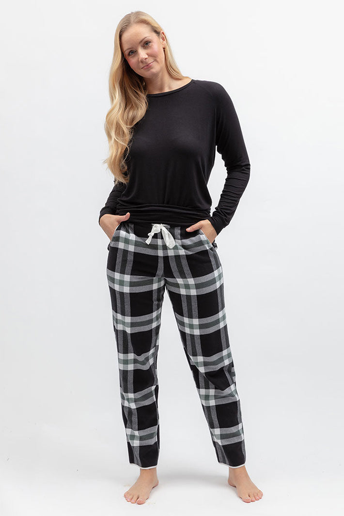 Cyberjammies Polar Drift Black Brushed Check Pyjama Bottoms, styled with a black top
