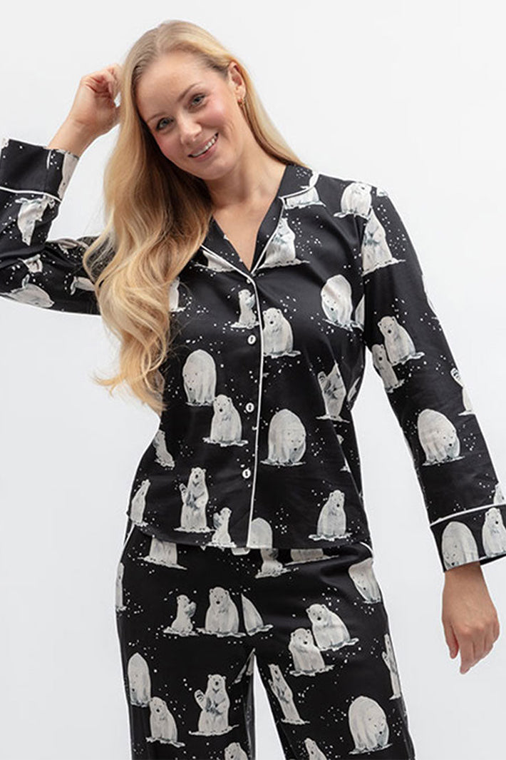 Cyberjammies Polar Drift Polar Bear Print Black Long Sleeve Pyjama Top, front view