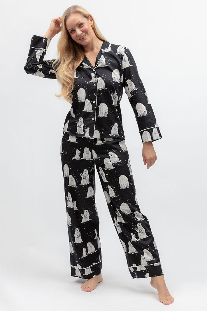 Cyberjammies Polar Drift Polar Bear Print Black Long Sleeve Pyjama Top, full-length front view