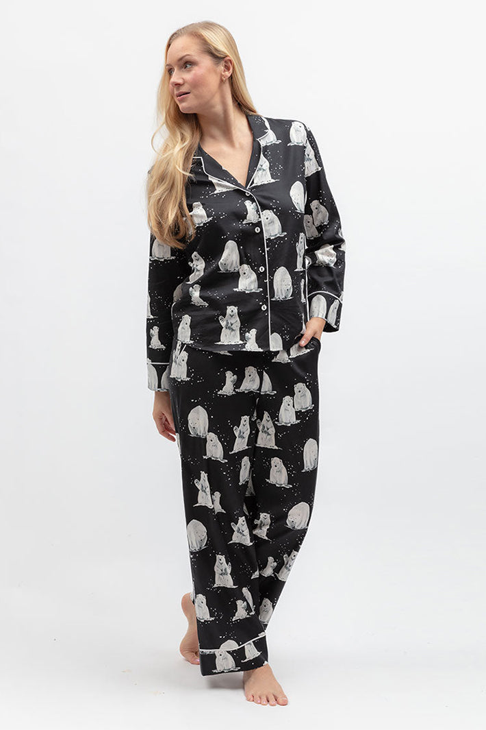 Cyberjammies Polar Drift Polar Bear Print Black Long Sleeve Pyjama Top, full-length side view