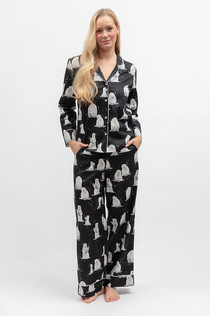 Cyberjammies Polar Drift Polar Bear Print Black Wide Leg Pyjama Bottoms, full-length with the matching top