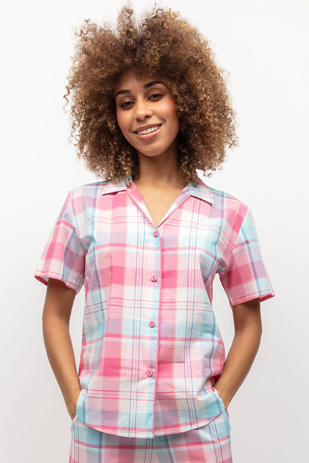 Cyberjammies Shelly Pink Check Short Sleeve Pyjama Top - Shirley Allum Boutique