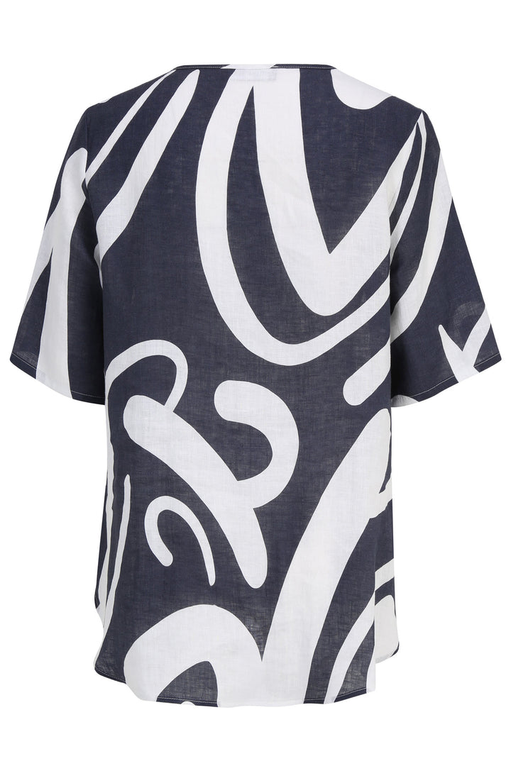 Doris Streich 256441 50 Navy White Print V-Neck Linen Top - Shirley Allum Boutique