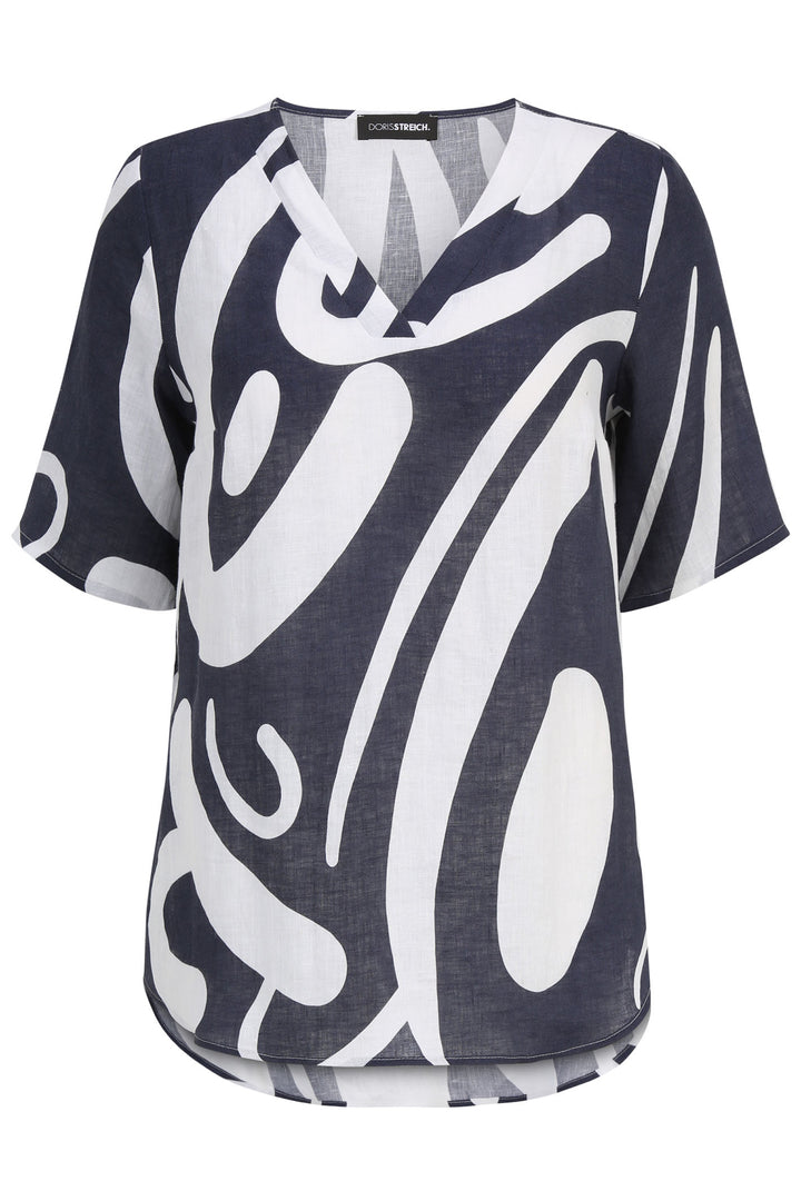 Doris Streich 256441 50 Navy White Print V-Neck Linen Top - Shirley Allum Boutique