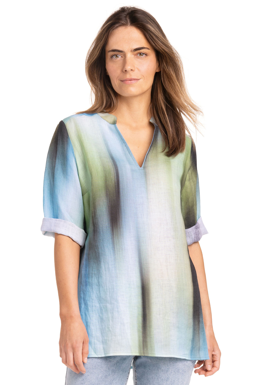 Doris Streich 257732 59 Blue Green Print Split Neck Short Sleeve Top - Shirley Allum Boutique