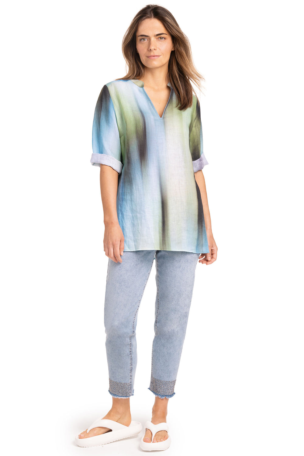 Doris Streich 257732 59 Blue Green Print Split Neck Short Sleeve Top - Shirley Allum Boutique