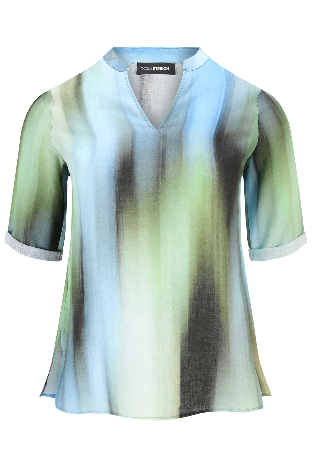Doris Streich 257732 59 Blue Green Print Split Neck Short Sleeve Top - Shirley Allum Boutique