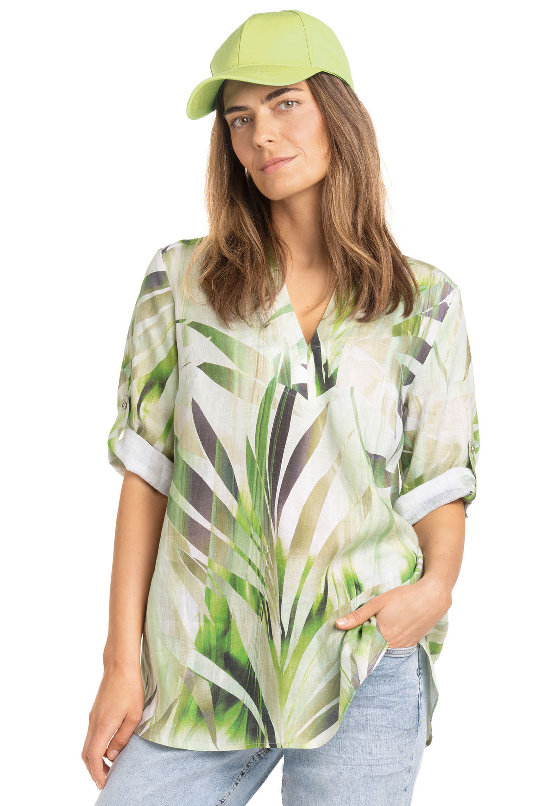 Doris Streich 294450 74 Green Palm Print Split Neck Top - Shirley Allum Boutique
