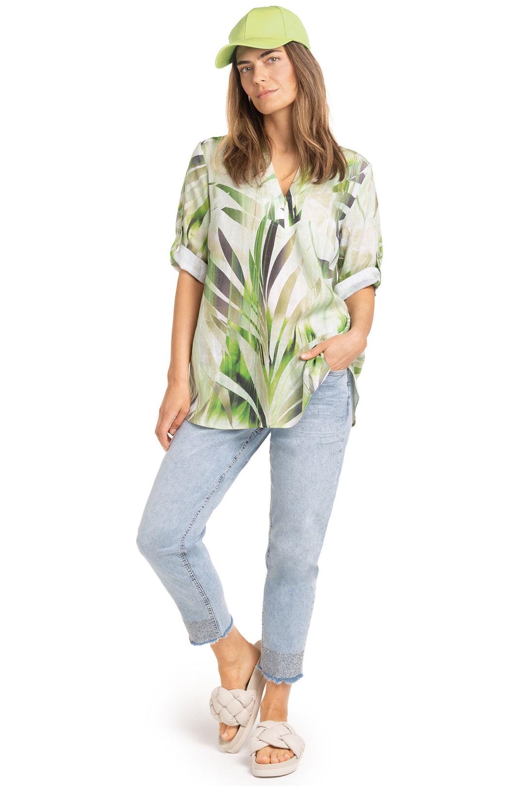 Doris Streich 294450 74 Green Palm Print Split Neck Top - Shirley Allum Boutique