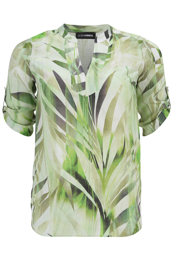 Doris Streich 294450 74 Green Palm Print Split Neck Top - Shirley Allum Boutique