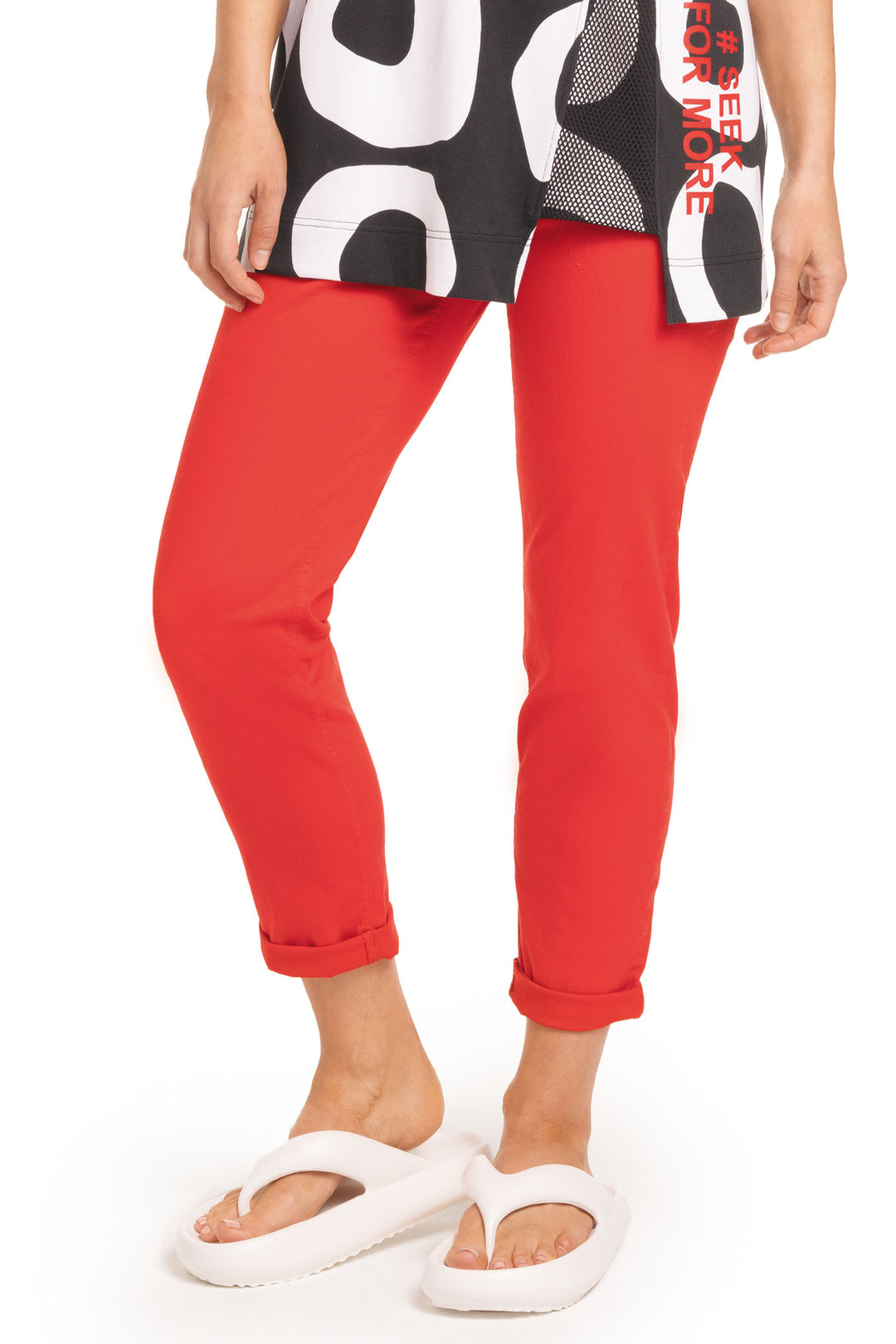 Doris Streich 807196 32 Red Stretch Cotton Pull-On Turn Up Trousers - Shirley Allum Boutique