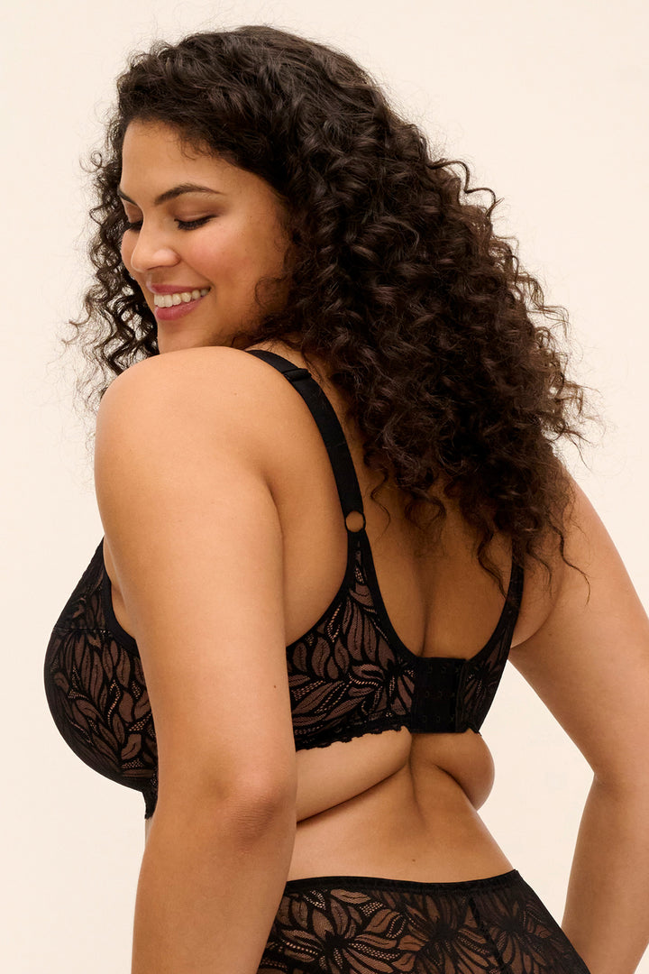 Elomi Carena Black Underwired Balconette Bra EL303507BLK, back view showing hook and eye closure
