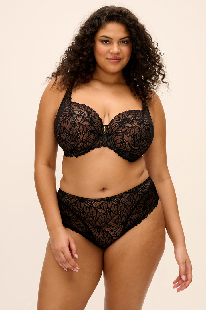 Elomi Carena Black Underwired Balconette Bra EL303507BLK, full length front view worn with the matching brief