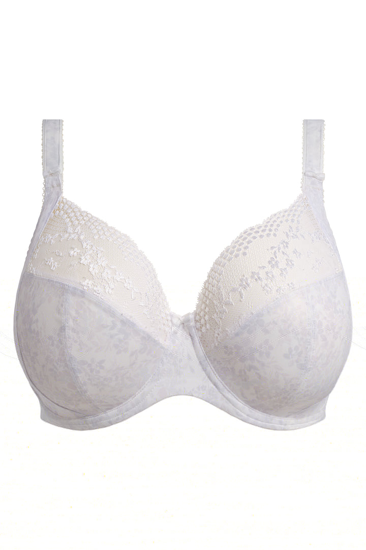 White bra with lace details on a white background