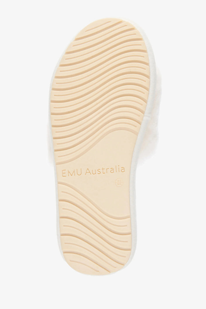 Close-up of a shoe sole with 'EMU Australia' branding on a white background