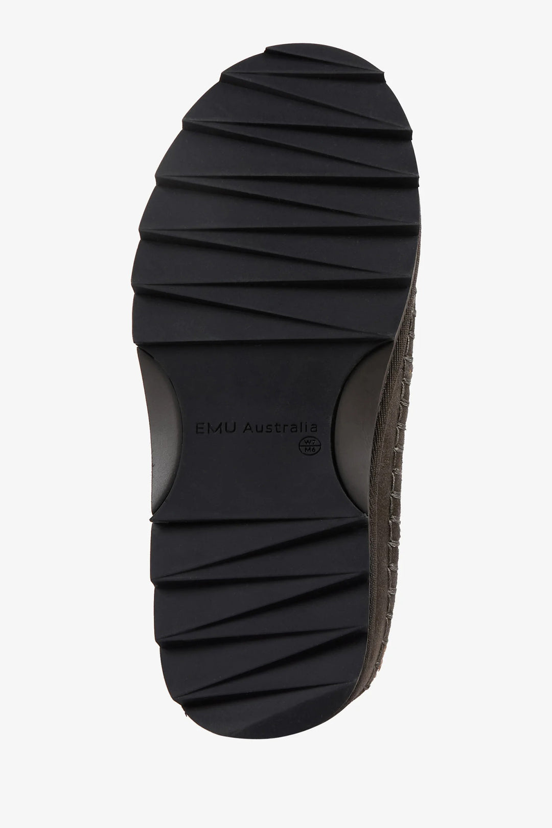 Black sole of a shoe with 'EMU Australia' branding on a white background
