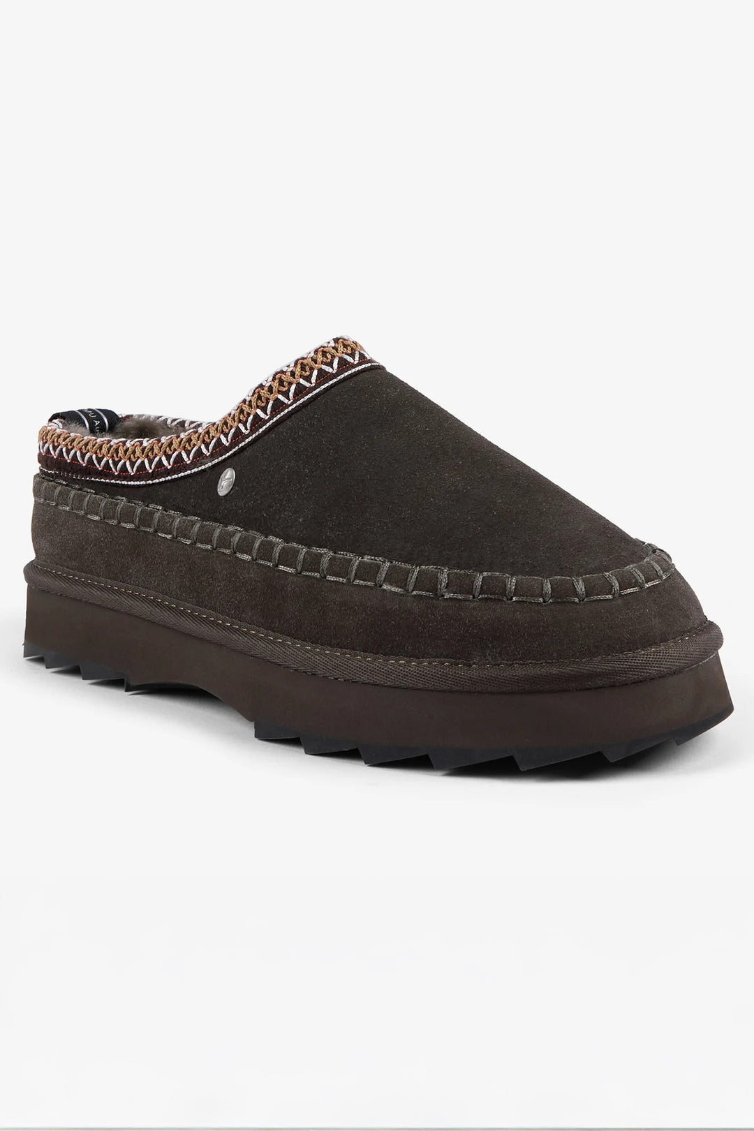 Brown slip-on shoe with textured trim on a white background